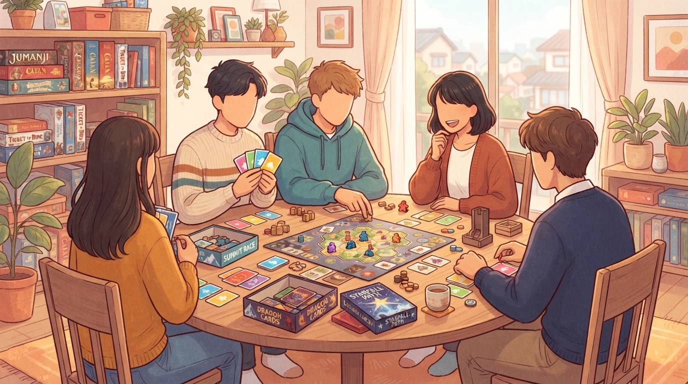 日差しの入るリビングで、丸いテーブルを囲みカードやボードゲームを楽しむ5人のイラスト
